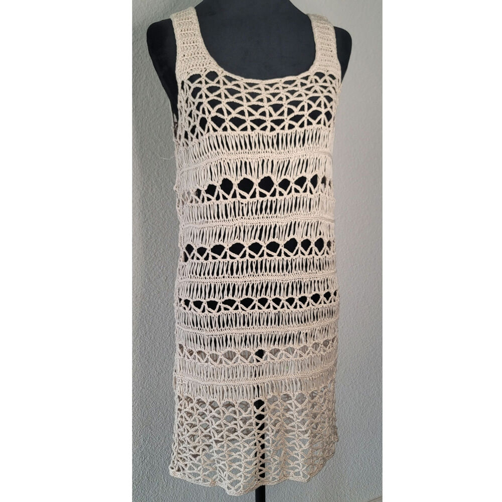 Beige Delicate, Openwork Crocheted Festival Layer or Beach Cover-up Dress Sz S-M